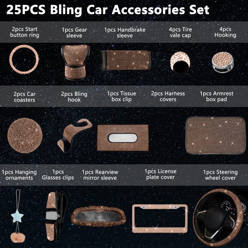JINGSEN 25PCS Bling Car Parts Set  Car Parts Set Female Plug Universal 15 Inch  Shiny License Plate Frame  Center Console Cover and Rearview Mirror Set and Other Car Accessories(Champ) - Image 2